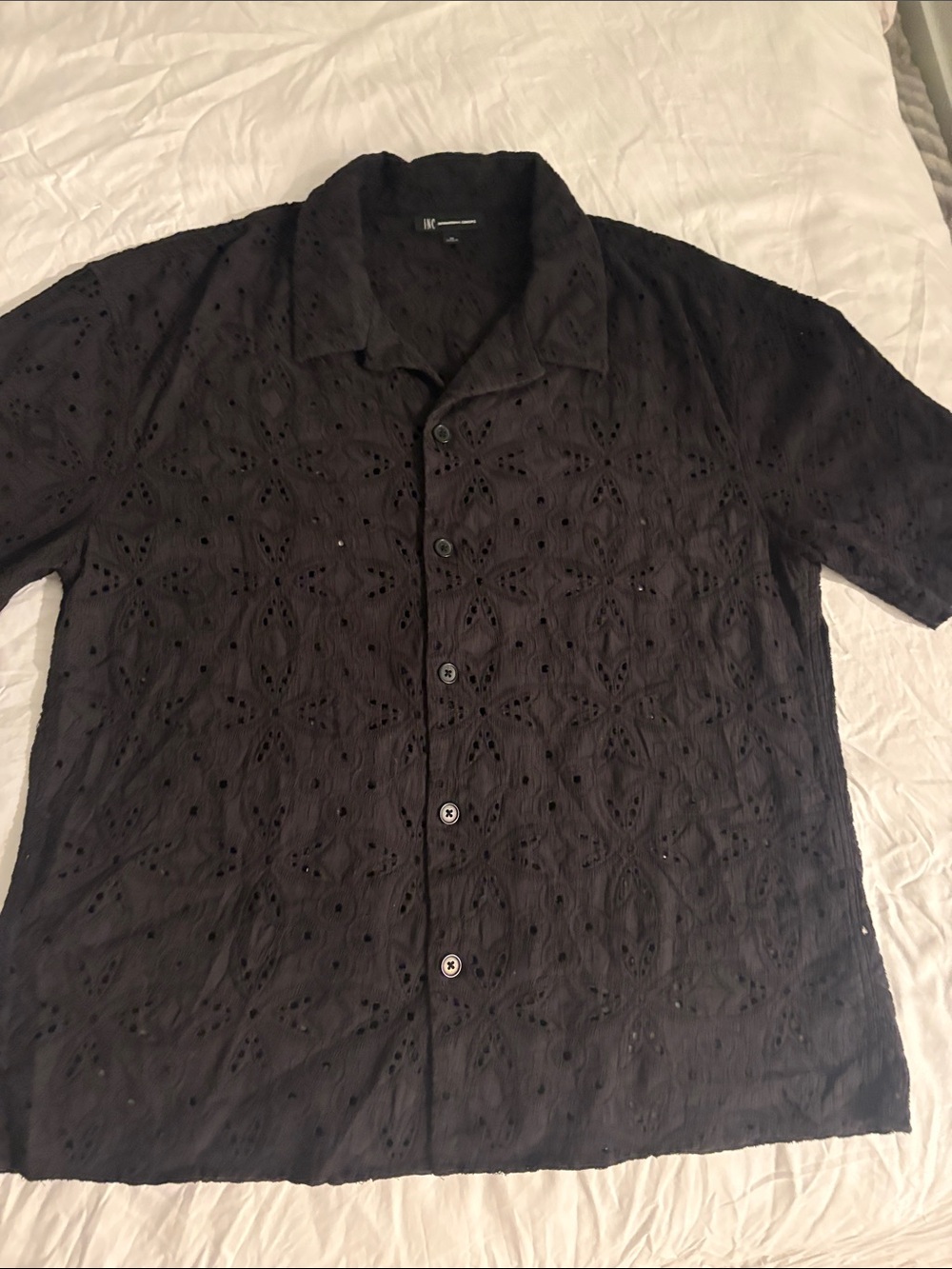 INC International Concepts Black Short-Sleeve Eyelet Button-Up Shirt